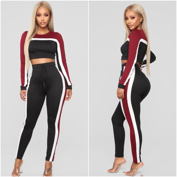 Fashion Nova Pants - NWT Fashionnova Burgundy Striped Jogger Set